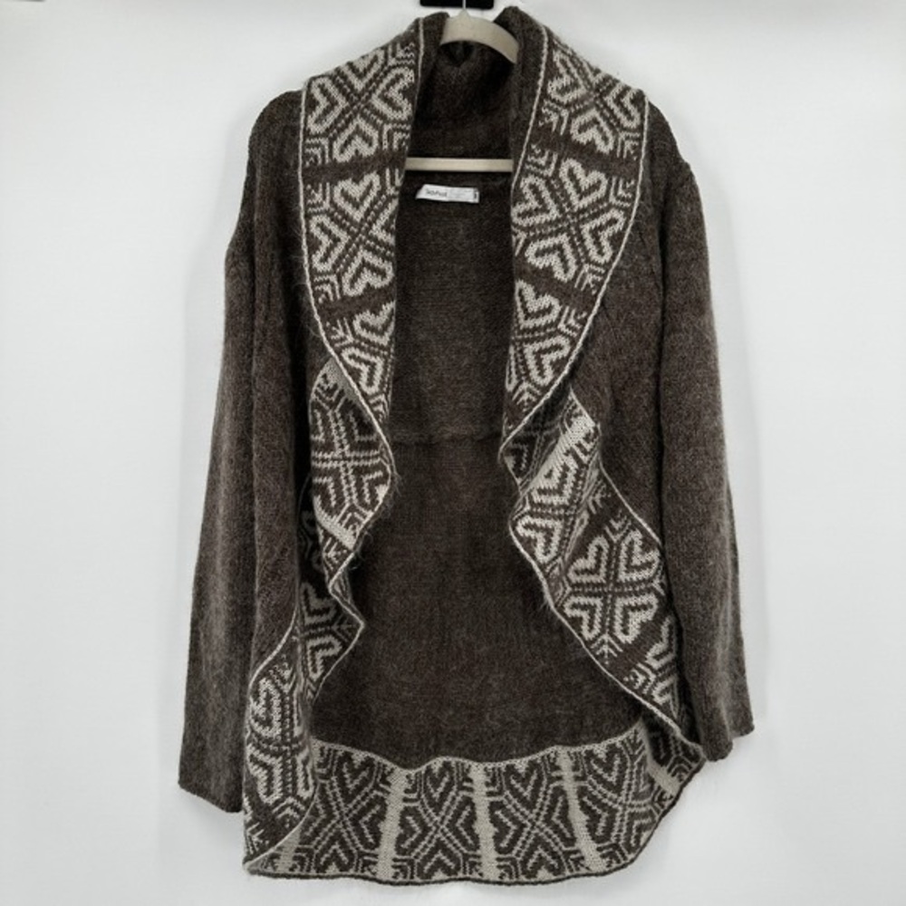 Cozy Open-Front Brown Patterned Shawl Collar Sweater